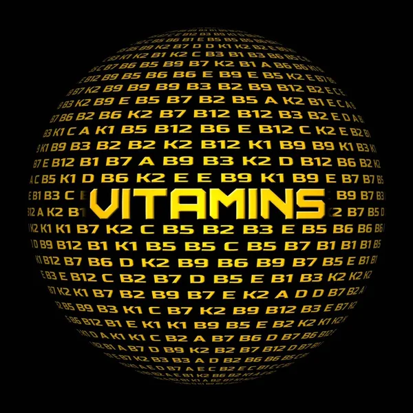 Vitamins symbols in random order in form of the world globe - word VITAMINS as title - all letters in yellow color - isolated on black background - 3D illustration