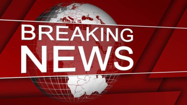 Dünya küresinin önündeki flaş haber harfleri - soyut grafik elementlerle kırmızı arkaplan - 3 boyutlu illüstrasyon