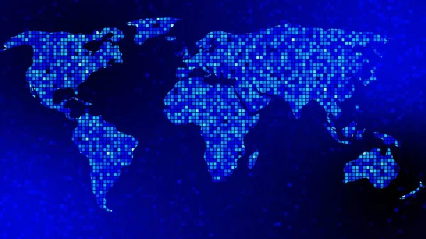 Soyut arkaplan - farklı mavi renklerde kare grafik elemanları olan dijital dünya haritası - 3D illüstrasyon