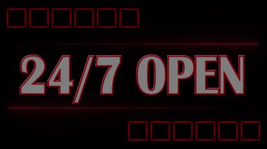 24 saat 7 gün işareti ve OPEN harfleri siyah arkaplanda canlandırılmış grafik elementlerle beyazla aydınlatılıyor