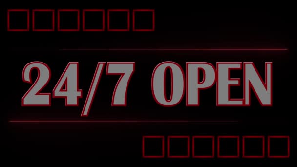 24時間7日間のサインとオープンレタリングは 黒の背景にアニメーショングラフィック要素と白で点灯します — ストック動画