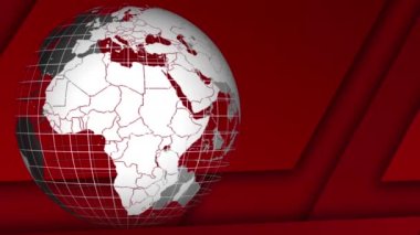 Yürüyen kırmızı soyut grafik elementler ve üst üste bindirilmiş kırılma harfleri önünde dönen toprak küre