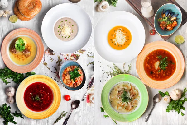 Diferentes sopas, crema, sopa, pollo, halófita, Tom Yam, una extensión de dos páginas de la vista superior del menú del restaurante , —  Fotos de Stock
