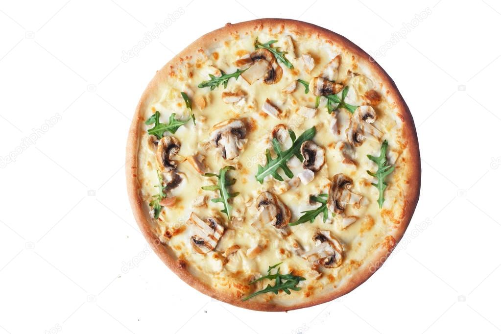 Pizza with grilled mushrooms and arugula, top view, on white background isolated for menu