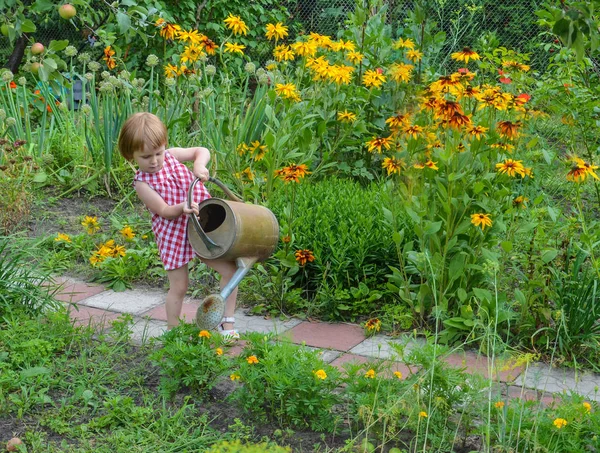 Meisje helpt water de bloemen — Stockfoto