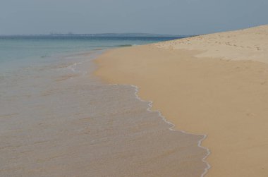 Kum okyanus kıyıya yakın yerde Porto Covo, Portekiz için acele dalgalar.
