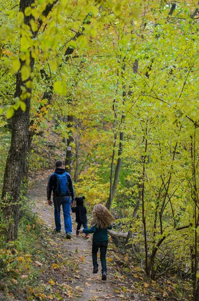 Promenade en famille ou randonnée dans la forêt au début de l'automne Images De Stock Libres De Droits