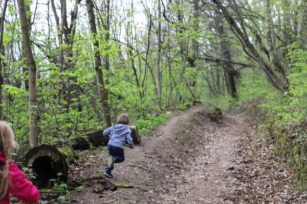 Jongen en meisje rennen of wandelen door het bos in het vroege voorjaar — Stockfoto