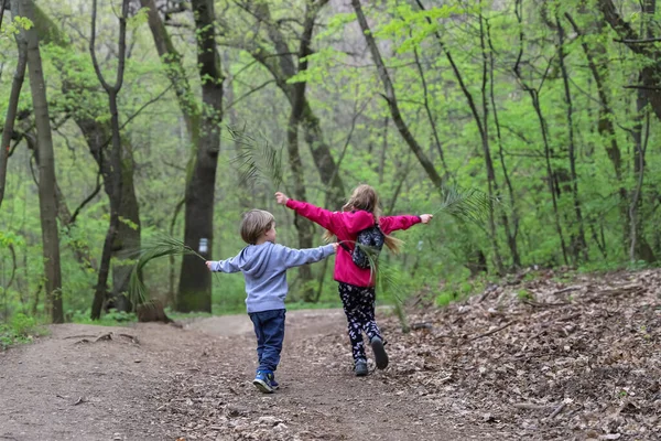 Garçon et fille jouant comme voler à travers la forêt au début du printemps Images De Stock Libres De Droits