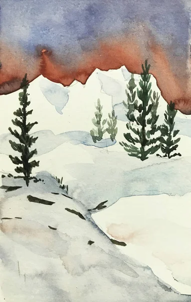 watercolor painting of snow mountain