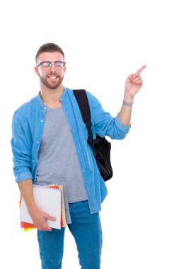 Beyaz arka plan üzerinde kitap ve işaret izole tutan bir okul çantası ile bir erkek öğrenci