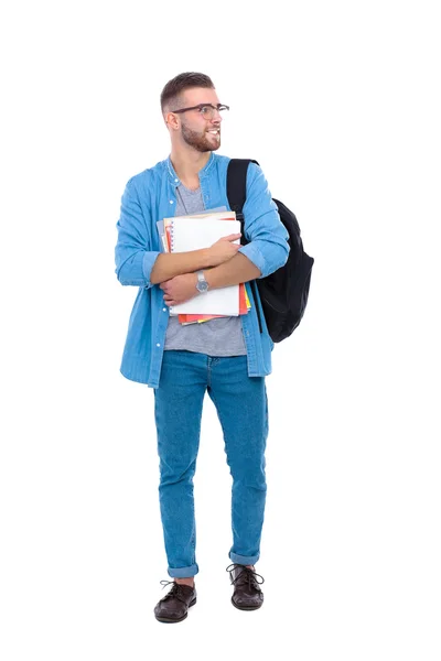 Ένας άνδρας των φοιτητών με τη σχολική τσάντα, κρατώντας τα βιβλία που απομονώνονται σε λευκό φόντο — Φωτογραφία Αρχείου