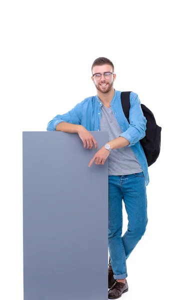 Pano tutan bir gülümseyen erkek öğrenci portresi — Stok fotoğraf