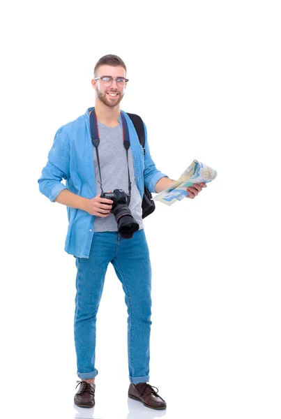 Handsome tourist looking at map isolated on white — Stock Photo, Image