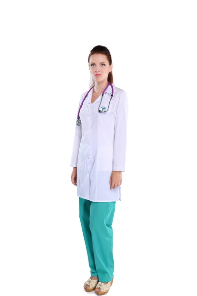 Smiling female doctor with a folder in uniform standing at hospital — Stock Photo, Image