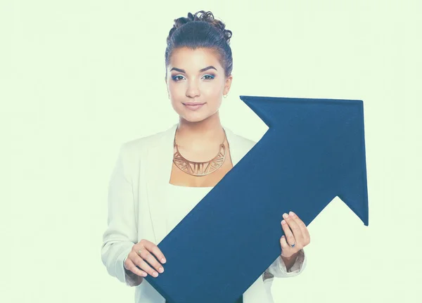 Schöne junge Geschäftsfrau mit schwarzen Pfeilen vor weißem Hintergrund — Stockfoto