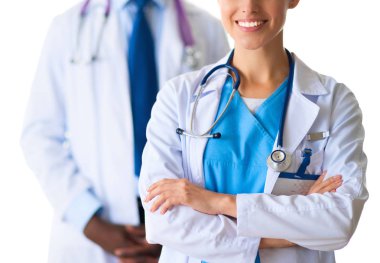 Beyaz arka planda izole edilmiş bir doktor, kadın ve erkek.