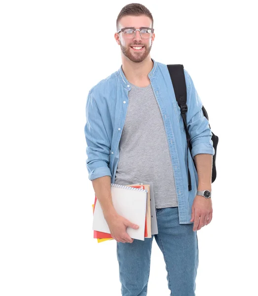 Giovane uomo in piedi con borsa isolata su sfondo bianco — Foto Stock