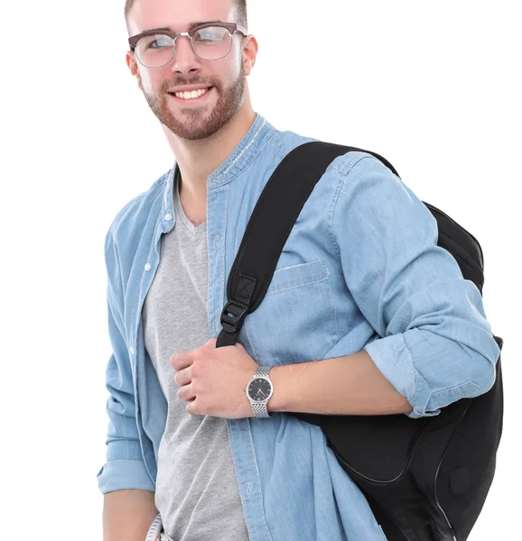 Hombre joven de pie con bolso aislado sobre fondo blanco — Foto de Stock