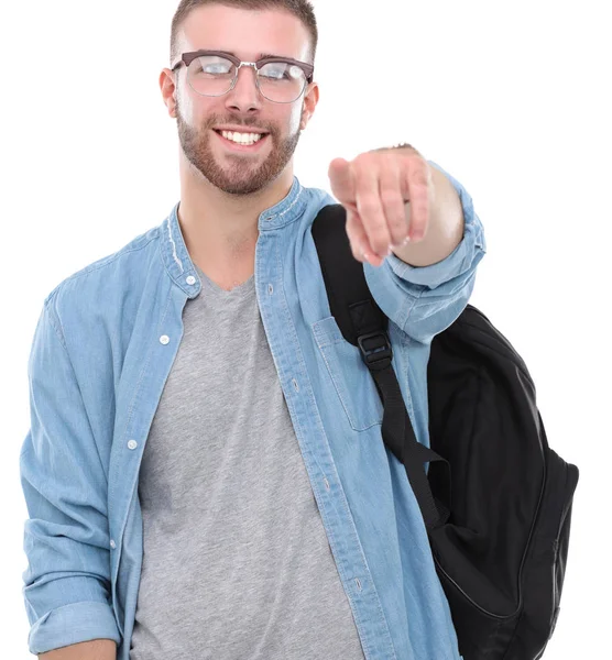 Genç adam ayakta beyaz arka plan üzerinde izole çanta ile — Stok fotoğraf