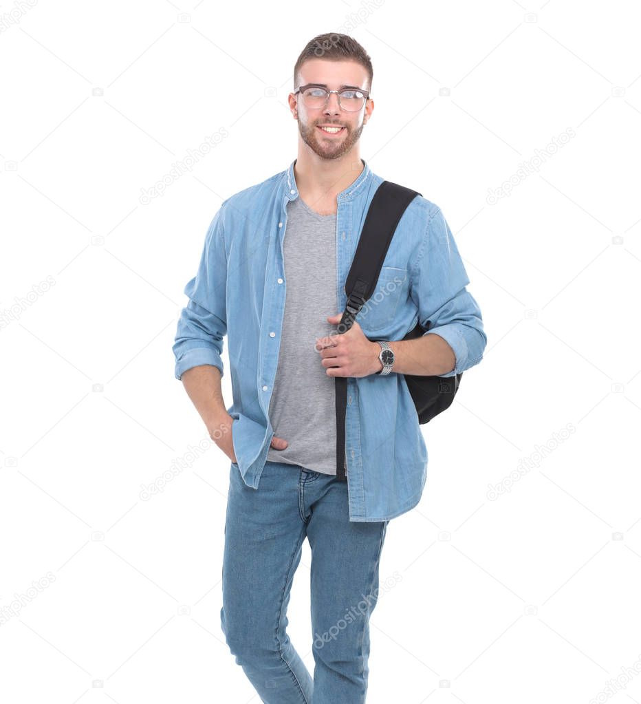 Young man standing with handbag isolated on white background