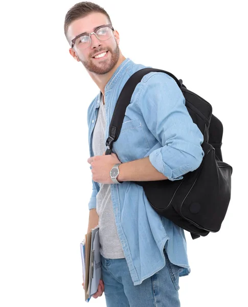 Νεαρός φοιτητής αρσενικό με σχολική τσάντα κρατώντας βιβλία που απομονώνονται σε λευκό φόντο — Φωτογραφία Αρχείου