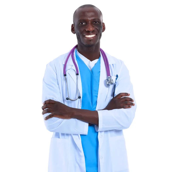 Portrait of a doctor man standing isolated on white background — Stock Photo, Image