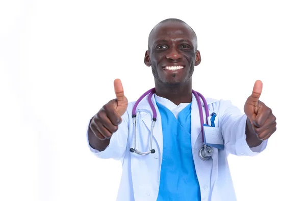 Portrait of doctor showing you ok sign standing in a white uniform on isolated background — Stock Photo, Image