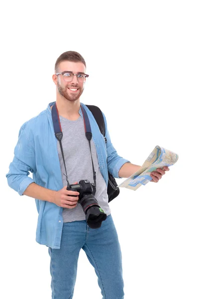 Handsome tourist looking at map isolated on white background — Stock Photo, Image