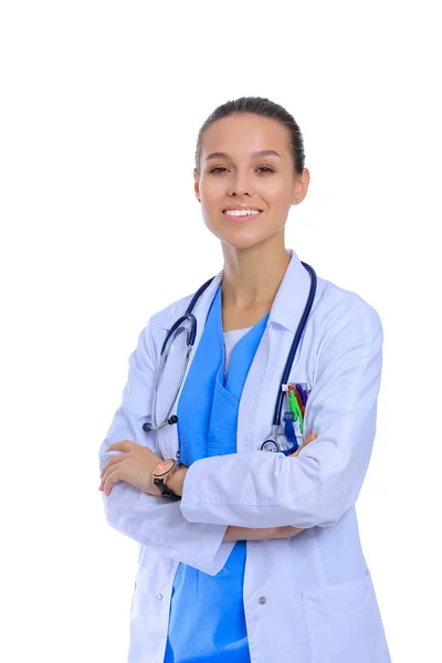 Mooie Kaukasische verpleegster geïsoleerd op witte achtergrond — Stockfoto