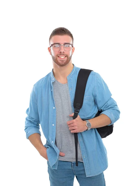 Junger Mann steht mit Handtasche isoliert auf weißem Hintergrund — Stockfoto