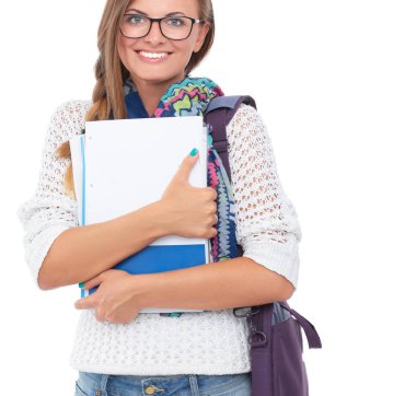 Egzersiz kitap tutan bir genç öğrenci kadın portresi.