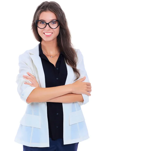 Junge Frau stehend, isoliert auf weißem Hintergrund — Stockfoto