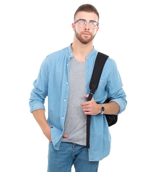 Estudiante masculino con una bolsa escolar sosteniendo libros aislados sobre fondo blanco —  Fotos de Stock
