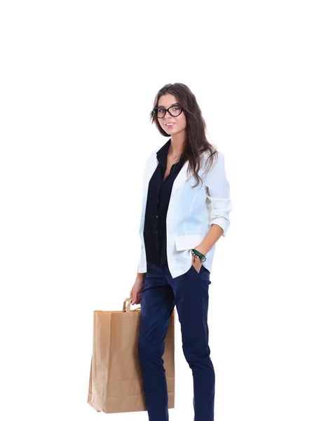 Young woman standing, isolated on white background — Stock Photo, Image