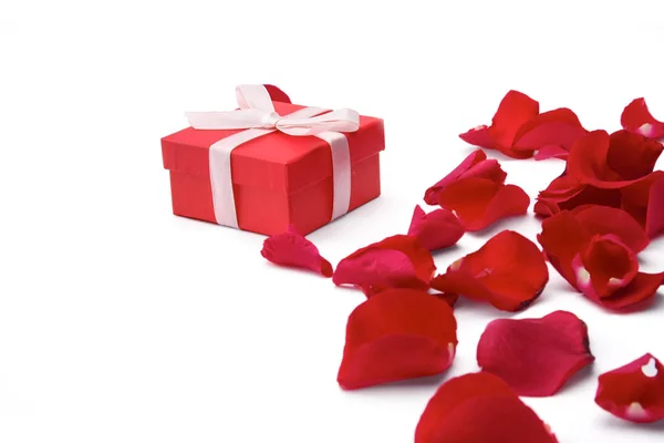 Gift box and red rose petals isolated on white background — Stock Photo, Image