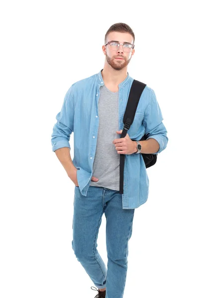 Mužské student s školní batoh drží knihy izolovaných na bílém pozadí — Stock fotografie