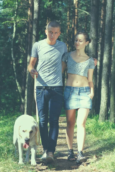 Joven pareja paseando perro en la naturaleza — Foto de Stock