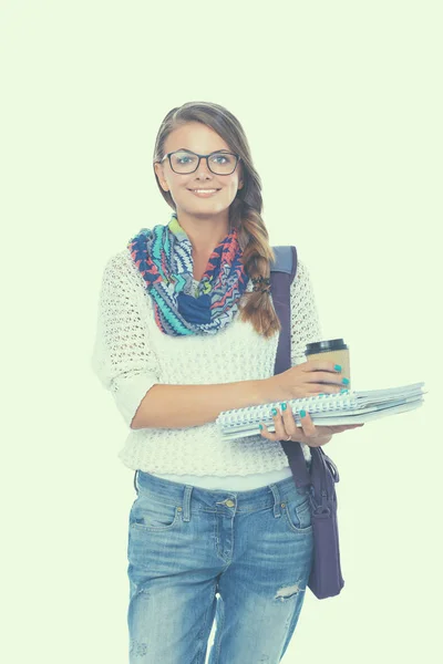 Lachende student met mappen en kopje koffie — Stockfoto