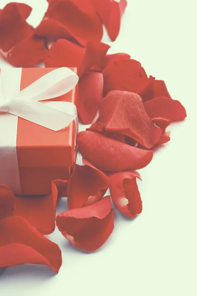Caja de regalo y pétalos de rosa roja aislados sobre fondo blanco — Foto de Stock