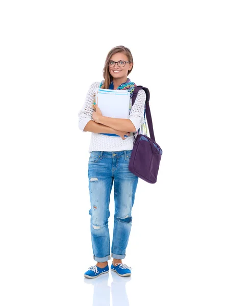 Retrato de una joven estudiante con libros de ejercicios . — Foto de Stock