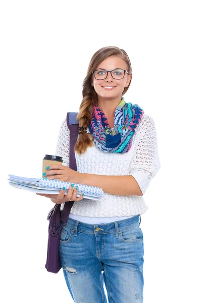 Estudiante sonriente con carpetas y taza de café —  Fotos de Stock