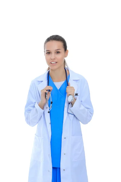 Mooie Kaukasische verpleegster geïsoleerd op witte achtergrond — Stockfoto