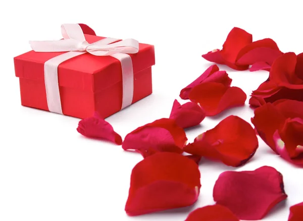 Gift box and red rose petals isolated on white background — Stock Photo, Image