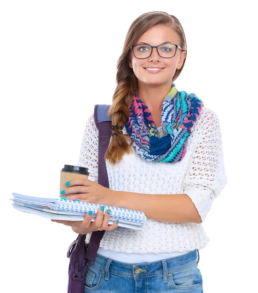 Estudiante sonriente con carpetas y taza de café — Foto de Stock