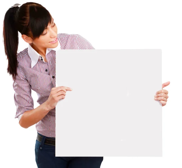 Young woman with blank board banner, isolated on white — Stock Photo, Image