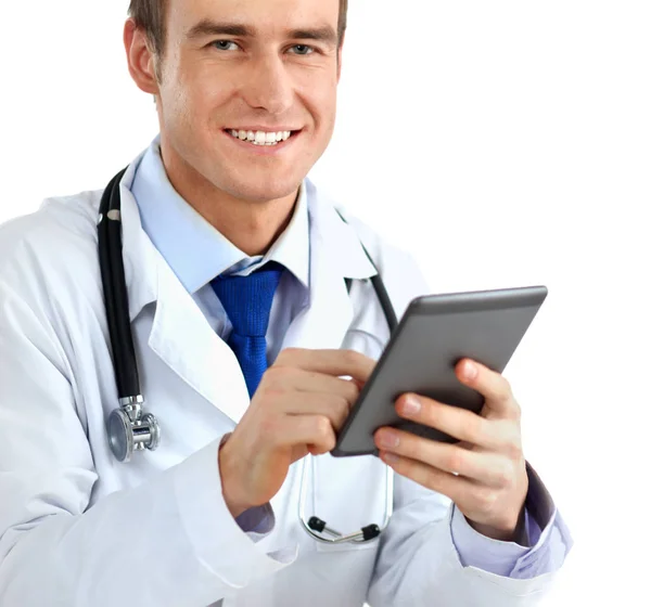 Handsome doctor using computer plane-table — Stock Photo, Image