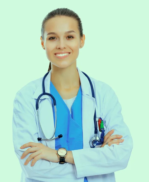 Bella infermiera caucasica isolata su sfondo bianco — Foto Stock