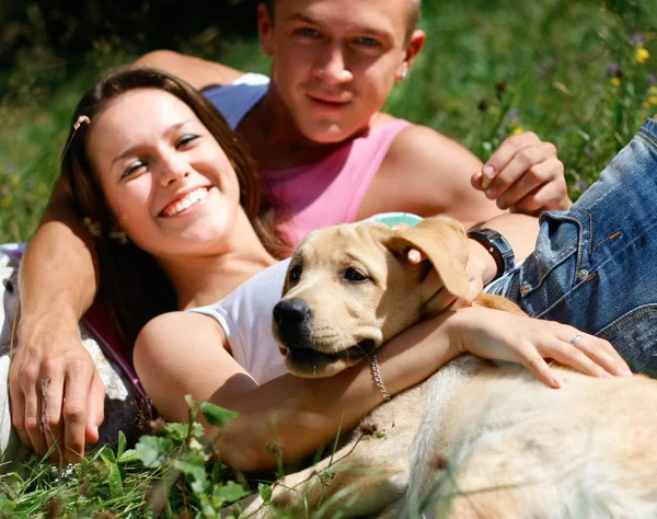 Junges Paar spaziert mit Hund durch die Natur — Stockfoto