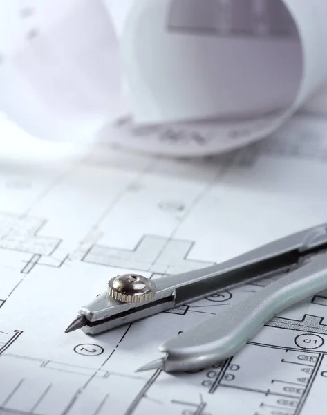 Architectural plans, compass and ruler on the desk — Stock Photo, Image